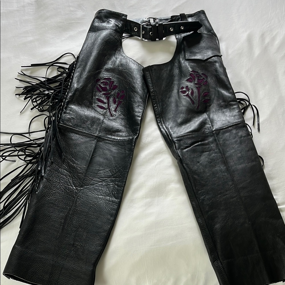 Unik Black Leather Chaps with Purple Embroidery
